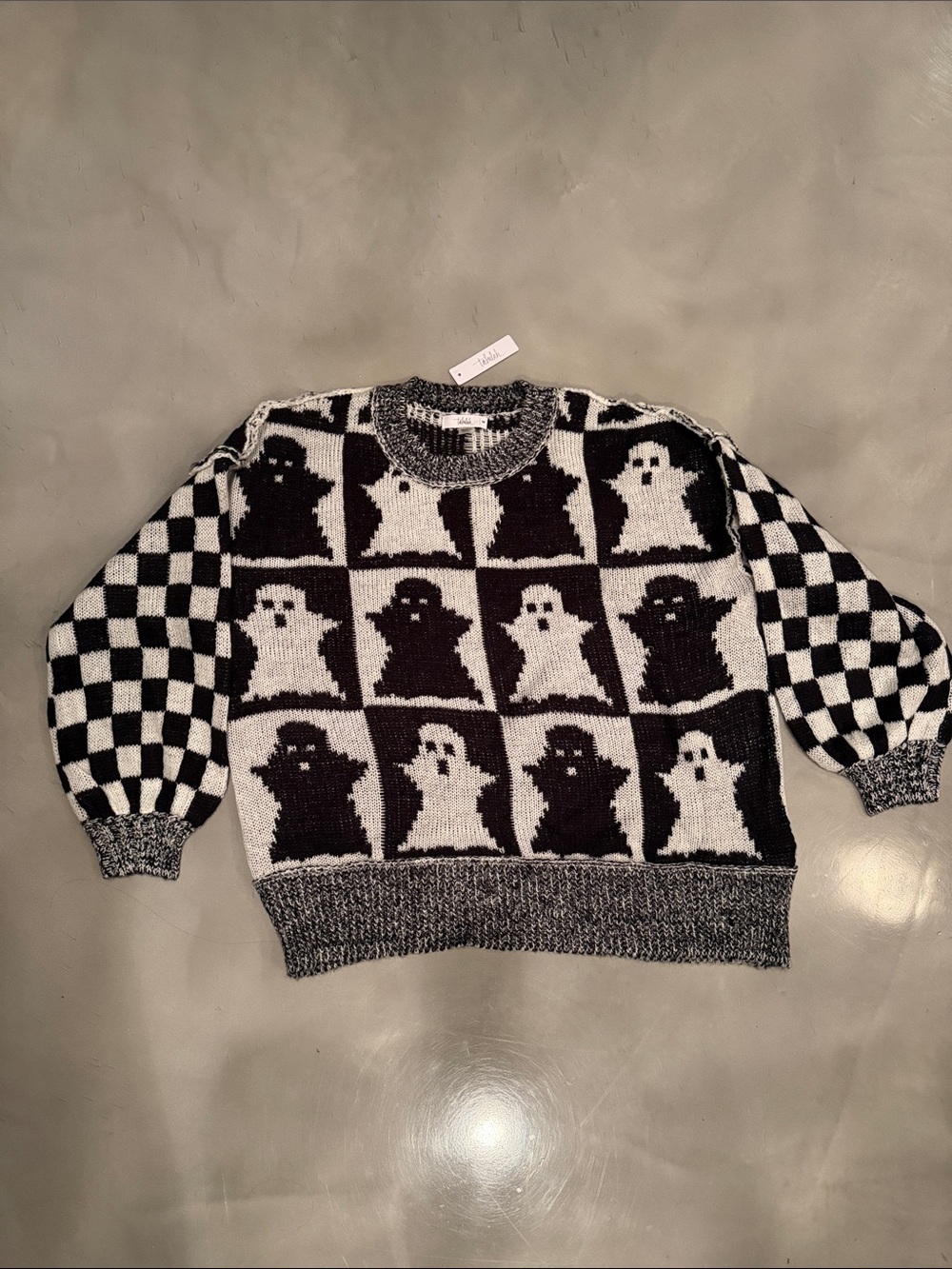 Black & White Ghost-Check Knit Crewneck Sweater - Picture 3 of 3